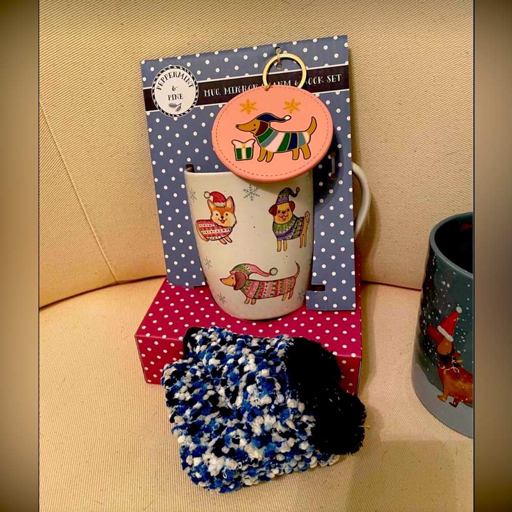 Festive Dachshund and friends Mug Set with Cozy Socks Dachshund mirror keychain